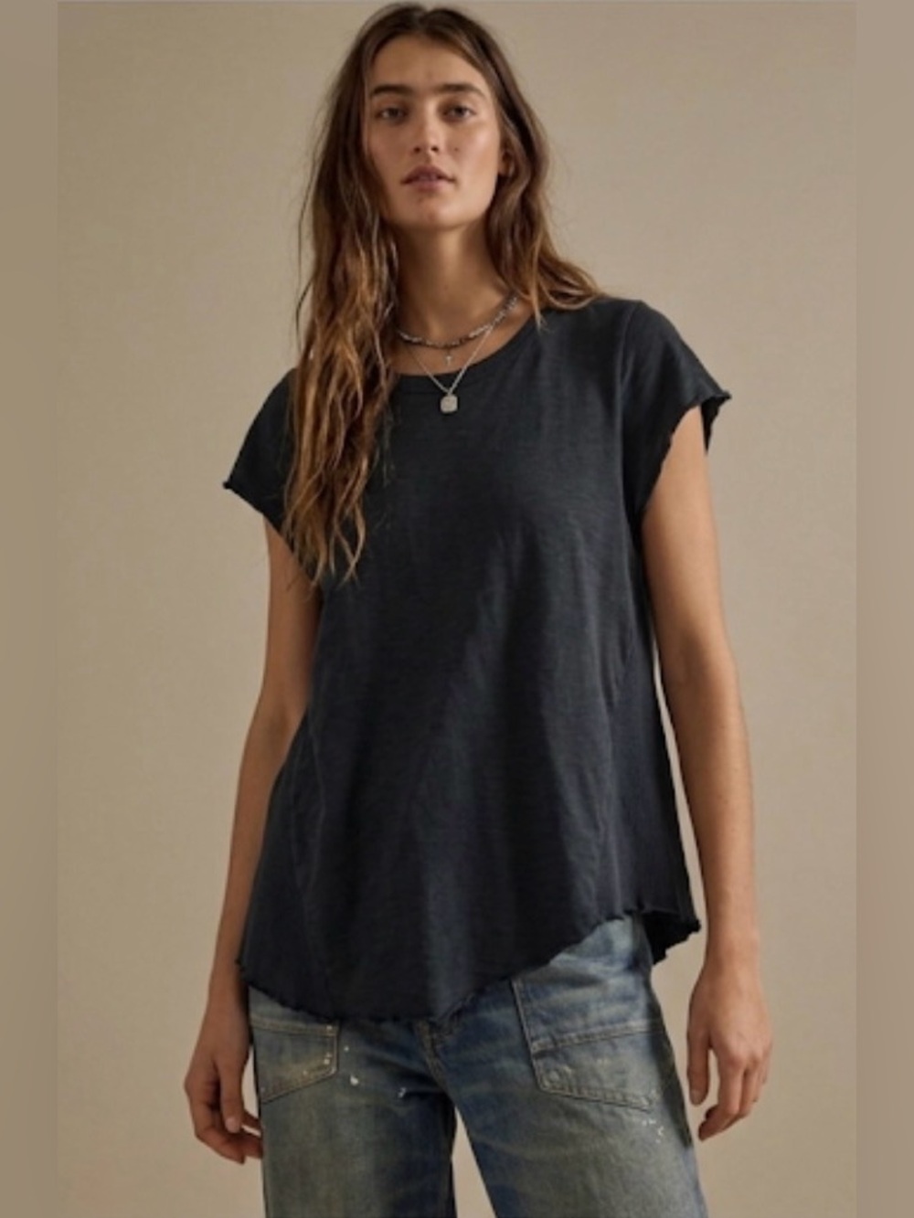 We The Free by Free People Asymmetrical Lettuce Hem Black Tee -